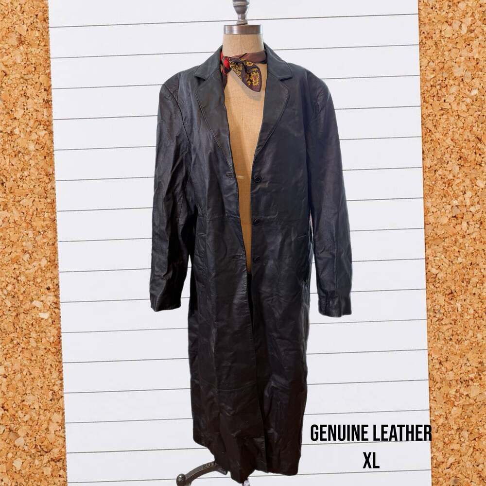 Vintage Newport News Black Genuine Leather Long Trench Coat Duster Size XL